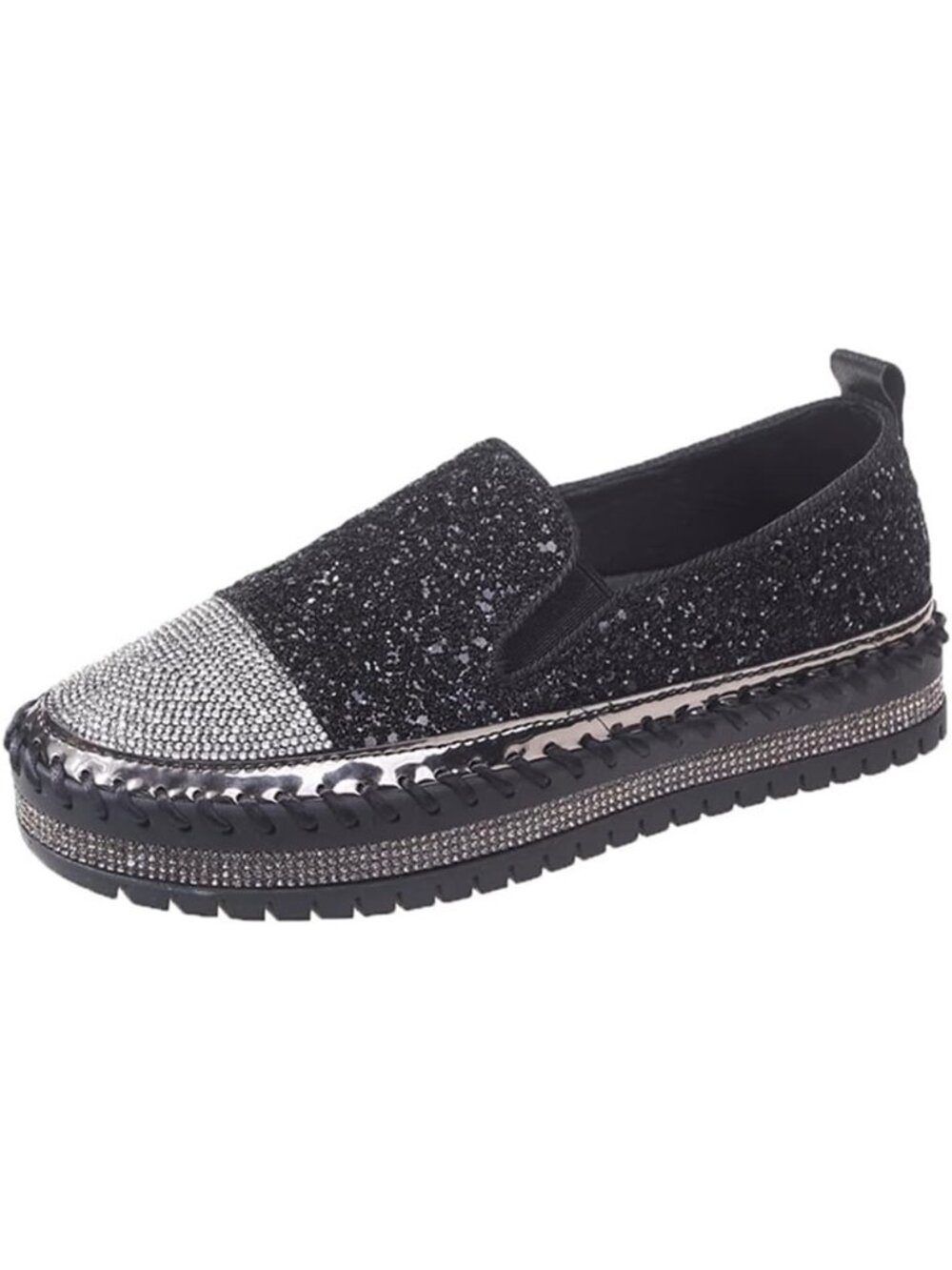 Women's Black Fashion Rhinestone Slip On Comfort Glitter Bling Walking Shoes